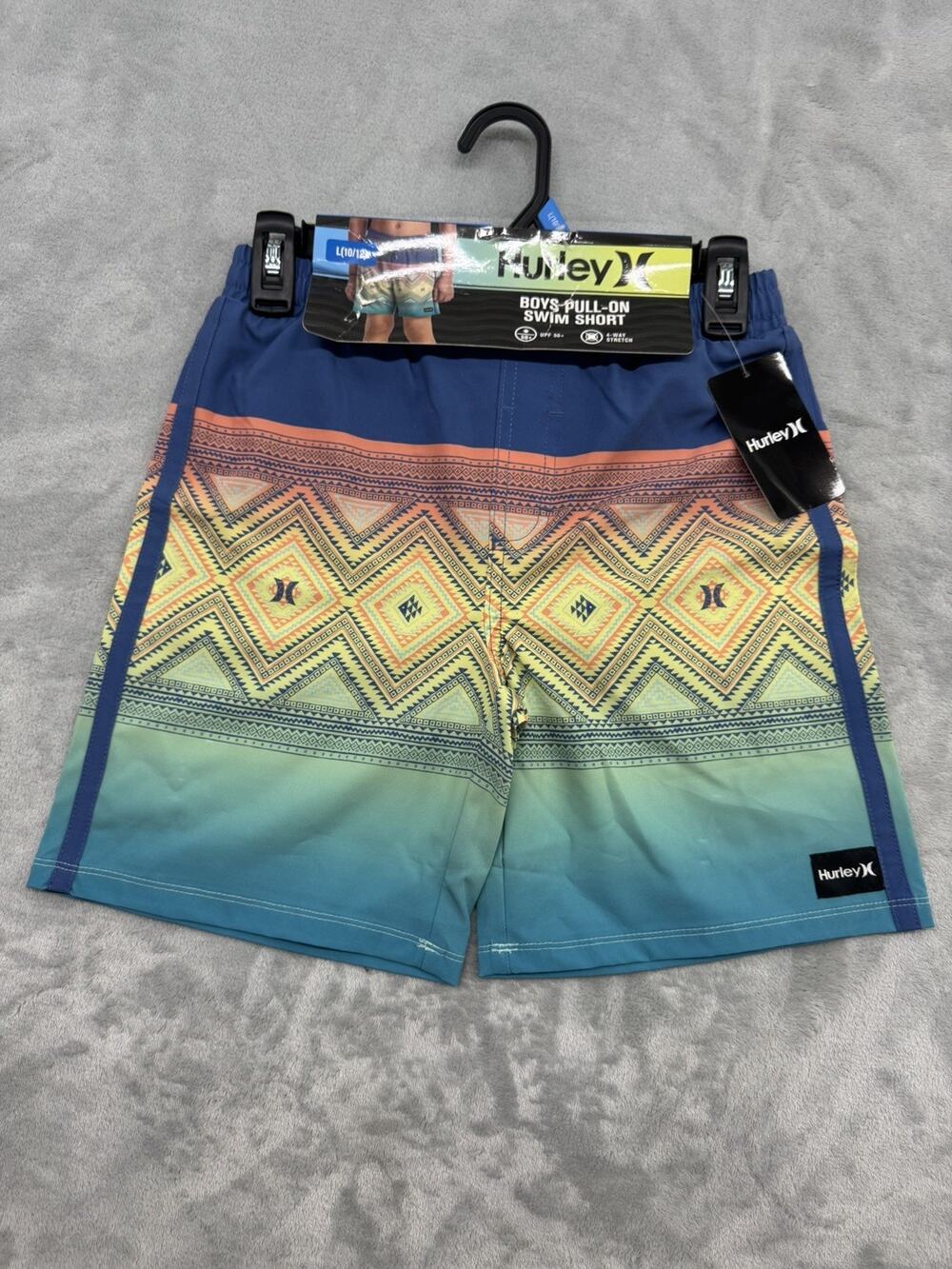 Hurley Boys Geometric Swim Shorts Blue Pink White L (10/12) Drawstring Stretch